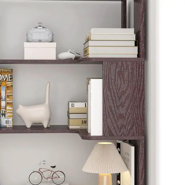 Alt view image 7 of 7 - 5 Tier Corner Bookshelf with Side Panels, 64.56" L Shaped Wood Bookcase with Round Edge, Right Corner Display Shelf for Living Room Office Bedroom Decor Organizer, Media Storage Shelves, Ox Blood Red