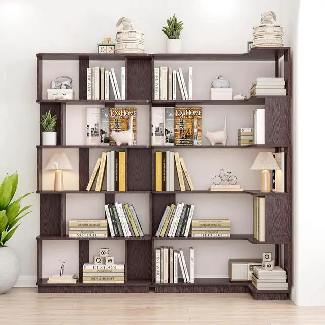 Alt view image 4 of 7 - 5 Tier Corner Bookshelf with Side Panels, 64.56" L Shaped Wood Bookcase with Round Edge, Right Corner Display Shelf for Living Room Office Bedroom Decor Organizer, Media Storage Shelves, Ox Blood Red