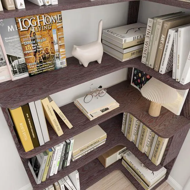 Alt view image 6 of 7 - 5 Tier Corner Bookshelf with Side Panels, 64.56" L Shaped Wood Bookcase with Round Edge, Right Corner Display Shelf for Living Room Office Bedroom Decor Organizer, Media Storage Shelves, Ox Blood Red
