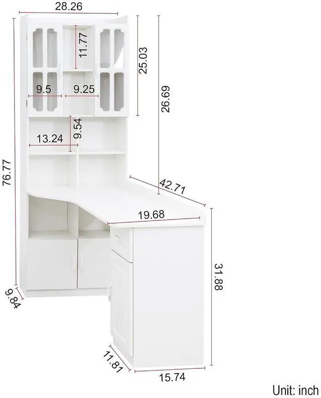 Alt view image 2 of 7 - L Shaped Desk with Hutch, 42" Corner Desk Hutch with Shelves, Farmhouse Computer Desk with Drawer for Work and Study, Storage Cabinet with Glass Door, Large Working Space,White