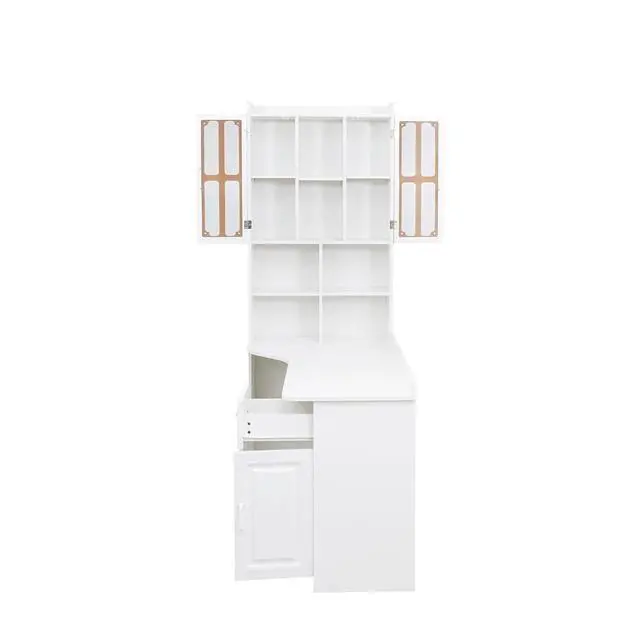 Alt view image 5 of 7 - L Shaped Desk with Hutch, 42" Corner Desk Hutch with Shelves, Farmhouse Computer Desk with Drawer for Work and Study, Storage Cabinet with Glass Door, Large Working Space,White