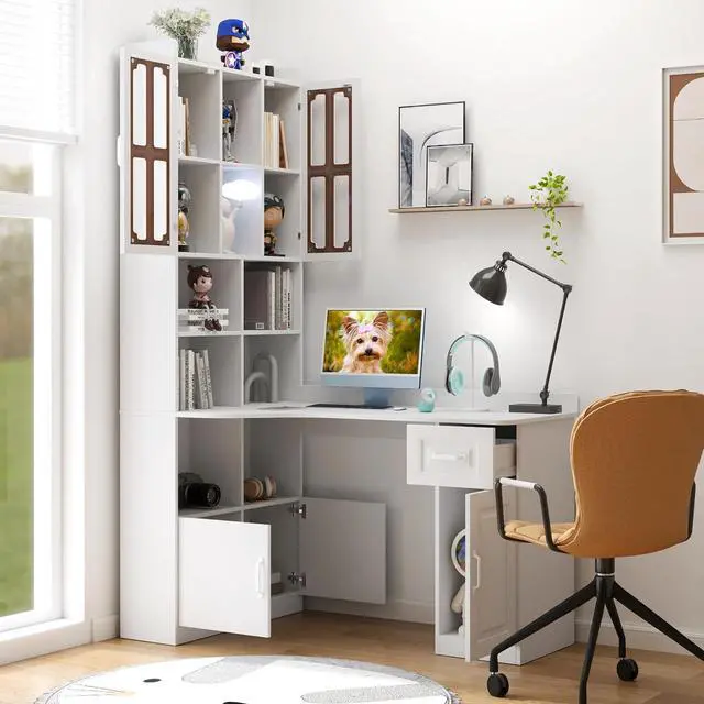 Alt view image 3 of 7 - L Shaped Desk with Hutch, 42" Corner Desk Hutch with Shelves, Farmhouse Computer Desk with Drawer for Work and Study, Storage Cabinet with Glass Door, Large Working Space,White