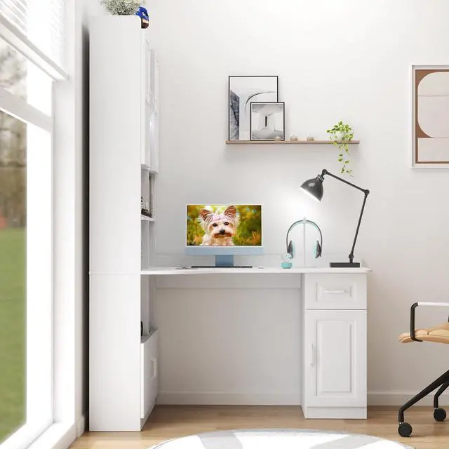 Alt view image 4 of 7 - L Shaped Desk with Hutch, 42" Corner Desk Hutch with Shelves, Farmhouse Computer Desk with Drawer for Work and Study, Storage Cabinet with Glass Door, Large Working Space,White
