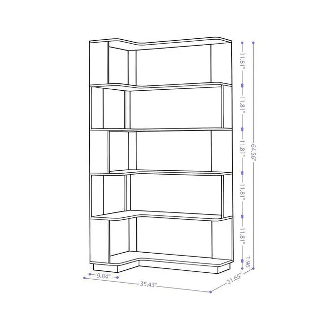 Alt view image 2 of 7 - 5 Tier Corner Bookshelf with Side Panels, 64.56" L Shaped Wood Bookcase with Round Edge, Left Corner Display Shelf for Living Room Office Bedroom Decor Organizer, Media Storage Shelves, Ox Blood Red