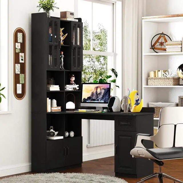 Main image of L Shaped Desk with Hutch, 42" Corner Desk Hutch with Shelves, Farmhouse Computer Desk with Drawer for Work and Study, Storage Cabinet with Glass Door, Large Working Space,Black