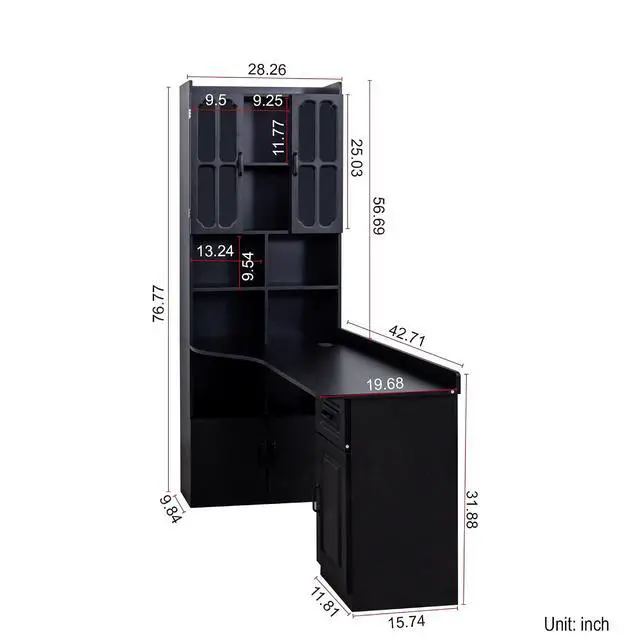 Alt view image 2 of 7 - L Shaped Desk with Hutch, 42" Corner Desk Hutch with Shelves, Farmhouse Computer Desk with Drawer for Work and Study, Storage Cabinet with Glass Door, Large Working Space,Black