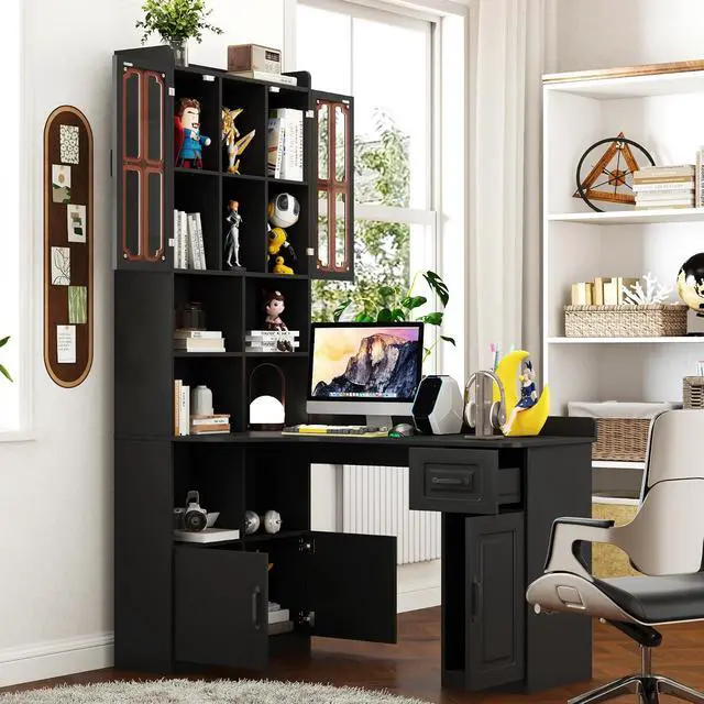 Alt view image 3 of 7 - L Shaped Desk with Hutch, 42" Corner Desk Hutch with Shelves, Farmhouse Computer Desk with Drawer for Work and Study, Storage Cabinet with Glass Door, Large Working Space,Black