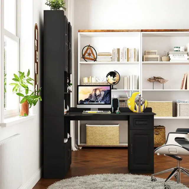 Alt view image 4 of 7 - L Shaped Desk with Hutch, 42" Corner Desk Hutch with Shelves, Farmhouse Computer Desk with Drawer for Work and Study, Storage Cabinet with Glass Door, Large Working Space,Black