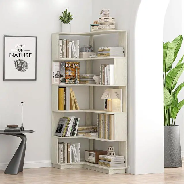 Alt view image 3 of 7 - 5 Tier Corner Bookshelf with Side Panels, 64.56" L Shaped Wood Bookcase with Round Edge, Left Corner Display Shelf for Living Room Office Bedroom Decor Organizer, Media Storage Shelves, White