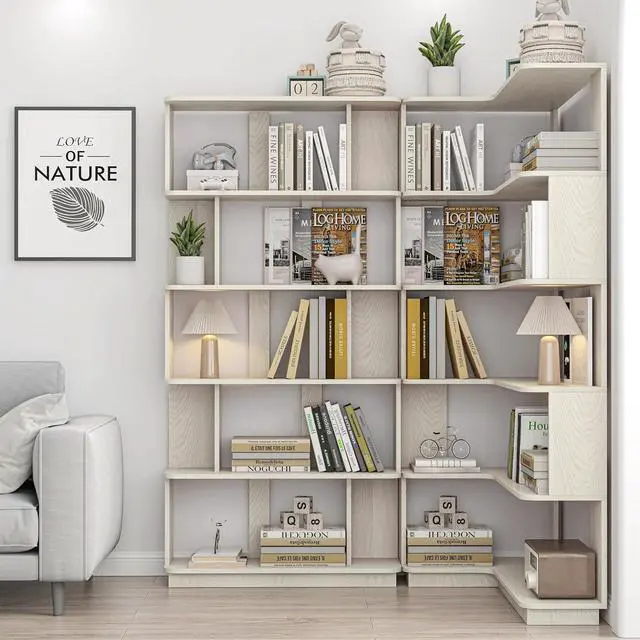Alt view image 5 of 7 - 5 Tier Corner Bookshelf with Side Panels, 64.56" L Shaped Wood Bookcase with Round Edge, Left Corner Display Shelf for Living Room Office Bedroom Decor Organizer, Media Storage Shelves, White