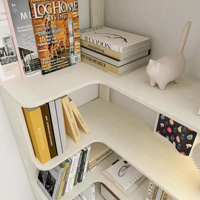Alt view image 6 of 7 - 5 Tier Corner Bookshelf with Side Panels, 64.56" L Shaped Wood Bookcase with Round Edge, Left Corner Display Shelf for Living Room Office Bedroom Decor Organizer, Media Storage Shelves, White