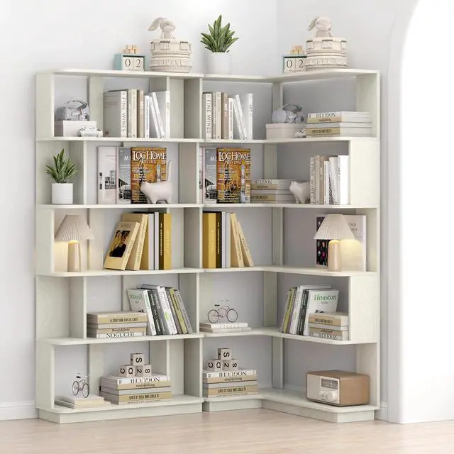 Alt view image 4 of 7 - 5 Tier Corner Bookshelf with Side Panels, 64.56" L Shaped Wood Bookcase with Round Edge, Left Corner Display Shelf for Living Room Office Bedroom Decor Organizer, Media Storage Shelves, White