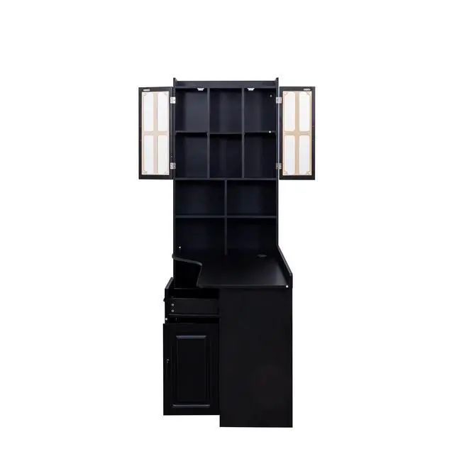 Alt view image 5 of 7 - L Shaped Desk with Hutch, 42" Corner Desk Hutch with Shelves, Farmhouse Computer Desk with Drawer for Work and Study, Storage Cabinet with Glass Door, Large Working Space,Black