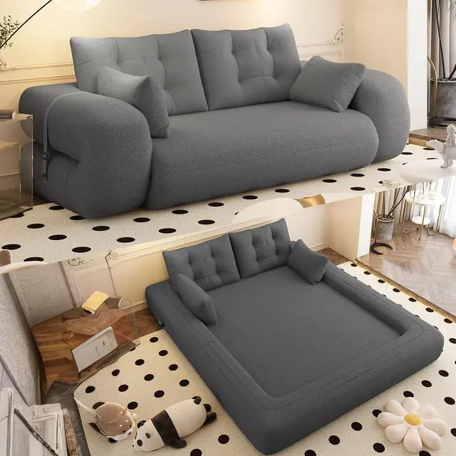 Main image of 78.7" Pull Out Couch, 3-in-1 Foldable Human Dog Bed, Convertible Lazy Sofa Bed, Teddy Upholstered Loveseat with Button Tufted Back Pillows, Sleeper Sofa for Living Room,Guest Room,Playroom,Beige