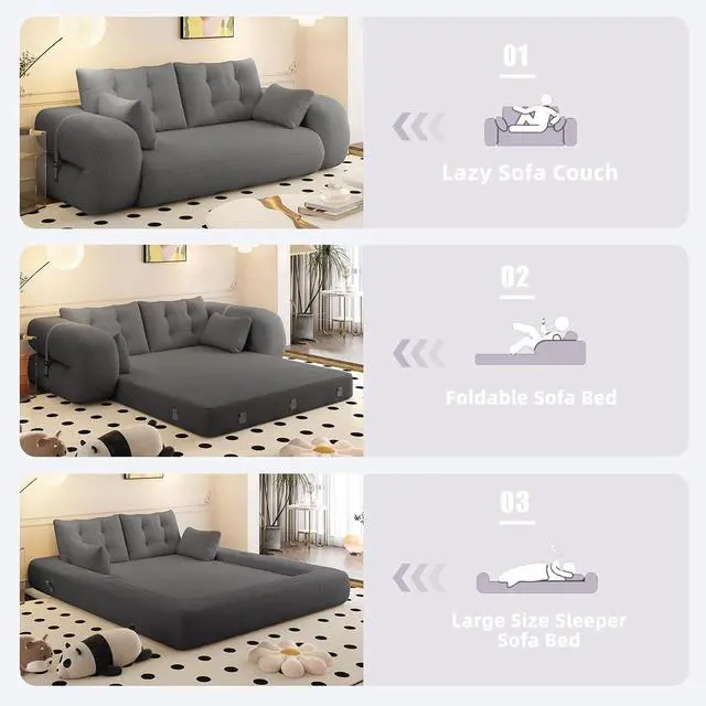 Alt view image 4 of 7 - 78.7" Pull Out Couch, 3-in-1 Foldable Human Dog Bed, Convertible Lazy Sofa Bed, Teddy Upholstered Loveseat with Button Tufted Back Pillows, Sleeper Sofa for Living Room,Guest Room,Playroom,Beige