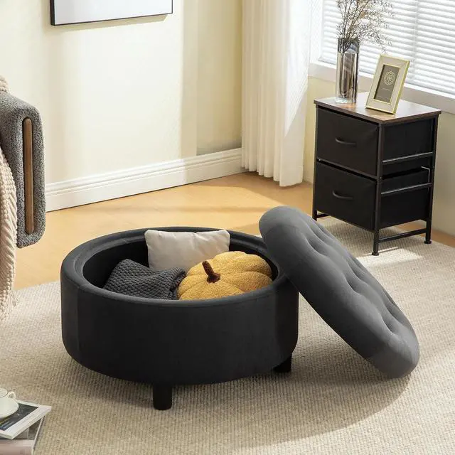 Main image of 29.33" Round Storage Ottoman Table, Upholstered Storage Stool with Reversible Lid, Waterproof Wooden Cover, Comfy Button Tufted Footstool, Sofa Side Table for Living room, Bedroom and Office, Gray