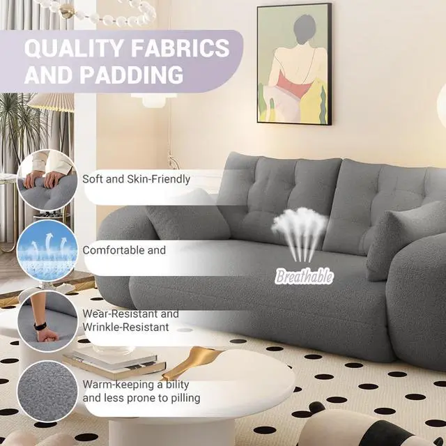 Alt view image 5 of 7 - 78.7" Pull Out Couch, 3-in-1 Foldable Human Dog Bed, Convertible Lazy Sofa Bed, Teddy Upholstered Loveseat with Button Tufted Back Pillows, Sleeper Sofa for Living Room,Guest Room,Playroom,Beige