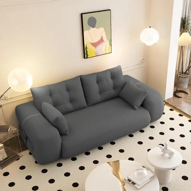 Alt view image 7 of 7 - 78.7" Pull Out Couch, 3-in-1 Foldable Human Dog Bed, Convertible Lazy Sofa Bed, Teddy Upholstered Loveseat with Button Tufted Back Pillows, Sleeper Sofa for Living Room,Guest Room,Playroom,Beige