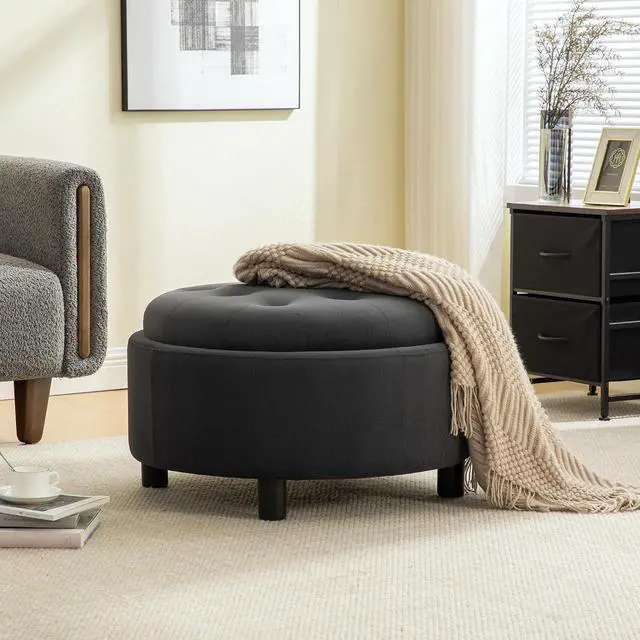 Alt view image 3 of 7 - 29.33" Round Storage Ottoman Table, Upholstered Storage Stool with Reversible Lid, Waterproof Wooden Cover, Comfy Button Tufted Footstool, Sofa Side Table for Living room, Bedroom and Office, Gray