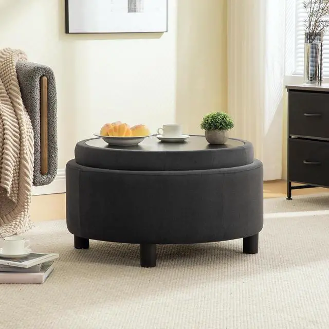 Alt view image 4 of 7 - 29.33" Round Storage Ottoman Table, Upholstered Storage Stool with Reversible Lid, Waterproof Wooden Cover, Comfy Button Tufted Footstool, Sofa Side Table for Living room, Bedroom and Office, Gray