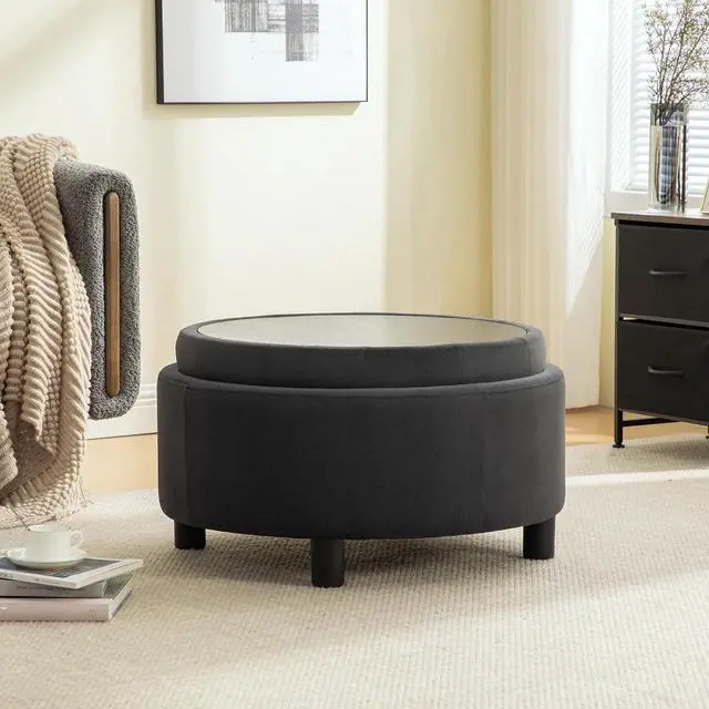 Alt view image 5 of 7 - 29.33" Round Storage Ottoman Table, Upholstered Storage Stool with Reversible Lid, Waterproof Wooden Cover, Comfy Button Tufted Footstool, Sofa Side Table for Living room, Bedroom and Office, Gray