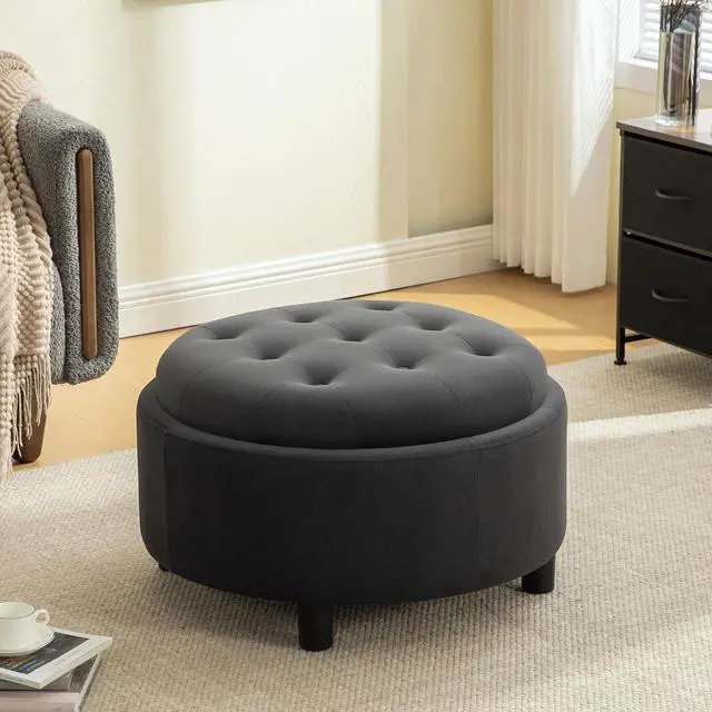 Alt view image 6 of 7 - 29.33" Round Storage Ottoman Table, Upholstered Storage Stool with Reversible Lid, Waterproof Wooden Cover, Comfy Button Tufted Footstool, Sofa Side Table for Living room, Bedroom and Office, Gray