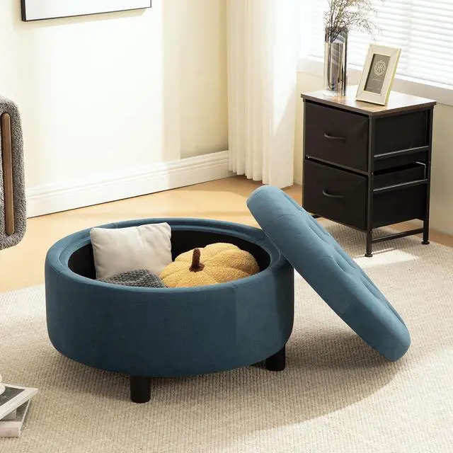 Main image of 29.33" Round Storage Ottoman Table, Upholstered Storage Stool with Reversible Lid, Waterproof Wooden Cover, Comfy Button Tufted Footstool, Sofa Side Table for Living room, Bedroom and Office, Blue