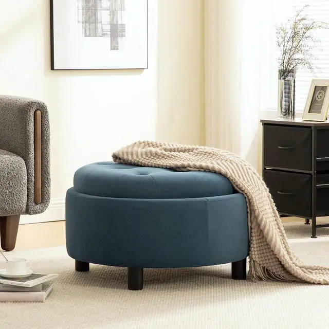 Alt view image 3 of 7 - 29.33" Round Storage Ottoman Table, Upholstered Storage Stool with Reversible Lid, Waterproof Wooden Cover, Comfy Button Tufted Footstool, Sofa Side Table for Living room, Bedroom and Office, Blue