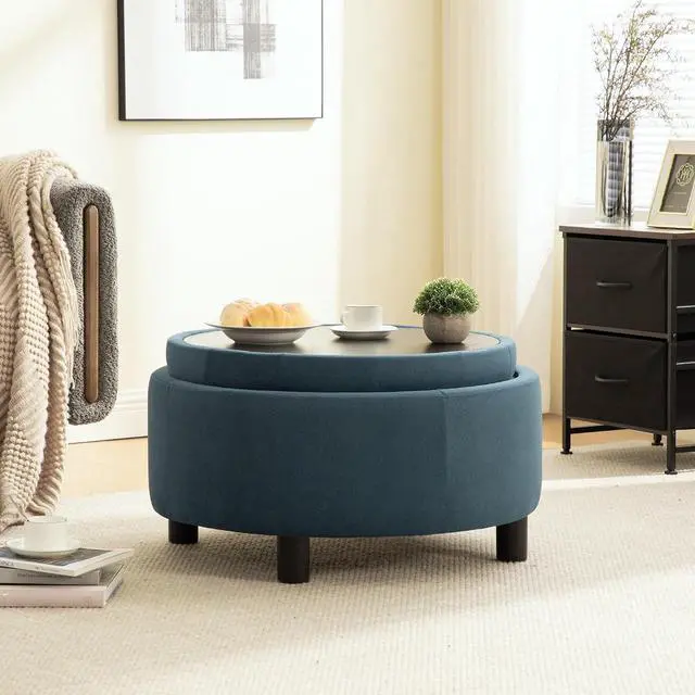Alt view image 4 of 7 - 29.33" Round Storage Ottoman Table, Upholstered Storage Stool with Reversible Lid, Waterproof Wooden Cover, Comfy Button Tufted Footstool, Sofa Side Table for Living room, Bedroom and Office, Blue