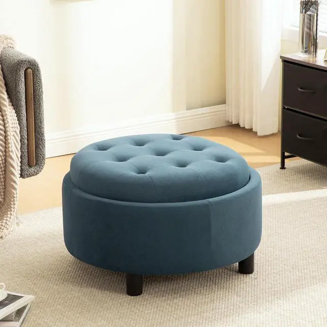 Alt view image 5 of 7 - 29.33" Round Storage Ottoman Table, Upholstered Storage Stool with Reversible Lid, Waterproof Wooden Cover, Comfy Button Tufted Footstool, Sofa Side Table for Living room, Bedroom and Office, Blue