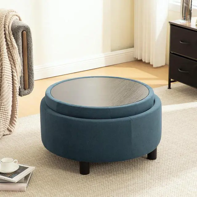 Alt view image 6 of 7 - 29.33" Round Storage Ottoman Table, Upholstered Storage Stool with Reversible Lid, Waterproof Wooden Cover, Comfy Button Tufted Footstool, Sofa Side Table for Living room, Bedroom and Office, Blue