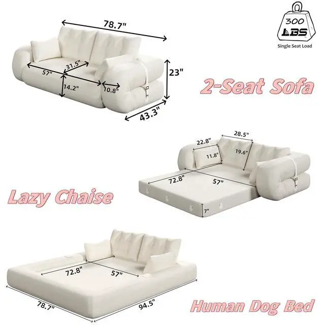 Alt view image 2 of 7 - 78.7" Pull Out Couch, 3-in-1 Foldable Human Dog Bed, Convertible Lazy Sofa Bed, Teddy Upholstered Loveseat with Button Tufted Back Pillows, Sleeper Sofa for Living Room,Guest Room,Playroom,Beige