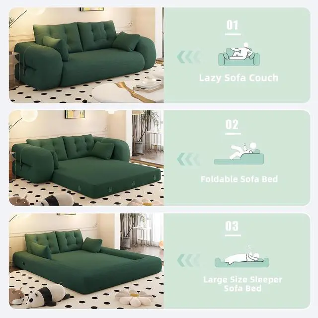 Alt view image 4 of 7 - 78.7" Pull Out Couch, 3-in-1 Foldable Human Dog Bed, Convertible Lazy Sofa Bed, Teddy Upholstered Loveseat with Button Tufted Back Pillows, Sleeper Sofa for Living Room,Guest Room,Playroom,Beige
