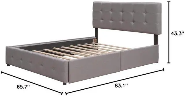 Alt view image 2 of 7 - Queen Size Platform Bed with Twin XL Trundle and 2 Drawers, Linen Upholstered Bed Frame with Solid Wooden Slats, Double Bed with Button Tufted Headboard and Footboard, No Box Spring Needed, Light Gray