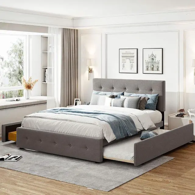 Main image of Queen Size Platform Bed with Twin XL Trundle and 2 Drawers, Linen Upholstered Bed Frame with Solid Wooden Slats, Double Bed with Button Tufted Headboard and Footboard, No Box Spring Needed, Light Gray
