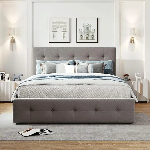 Alt view image 3 of 7 - Queen Size Platform Bed with Twin XL Trundle and 2 Drawers, Linen Upholstered Bed Frame with Solid Wooden Slats, Double Bed with Button Tufted Headboard and Footboard, No Box Spring Needed, Light Gray