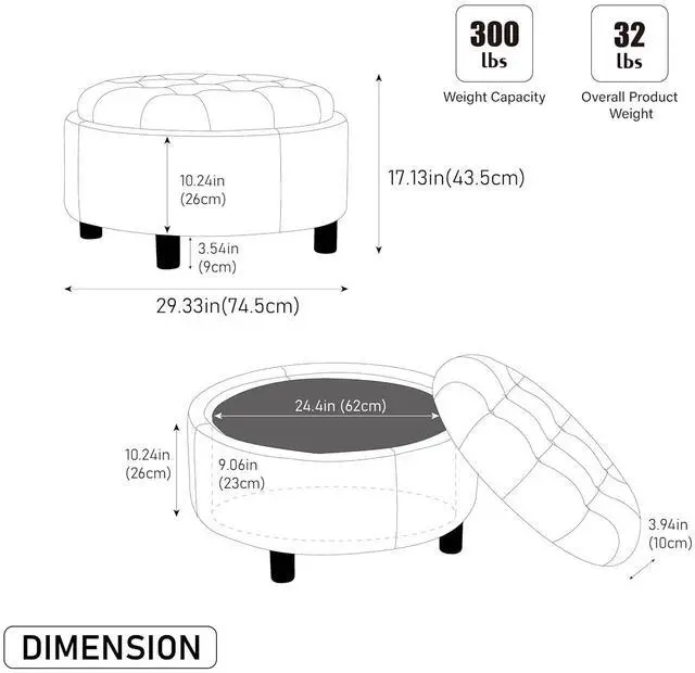Alt view image 2 of 7 - 29.33" Round Storage Ottoman Table, Upholstered Storage Stool with Reversible Lid, Waterproof Wooden Cover, Comfy Button Tufted Footstool, Sofa Side Table for Living room, Bedroom and Office, Beige