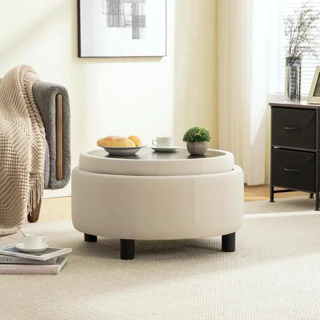 Alt view image 4 of 7 - 29.33" Round Storage Ottoman Table, Upholstered Storage Stool with Reversible Lid, Waterproof Wooden Cover, Comfy Button Tufted Footstool, Sofa Side Table for Living room, Bedroom and Office, Beige
