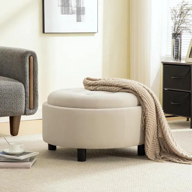 Alt view image 3 of 7 - 29.33" Round Storage Ottoman Table, Upholstered Storage Stool with Reversible Lid, Waterproof Wooden Cover, Comfy Button Tufted Footstool, Sofa Side Table for Living room, Bedroom and Office, Beige