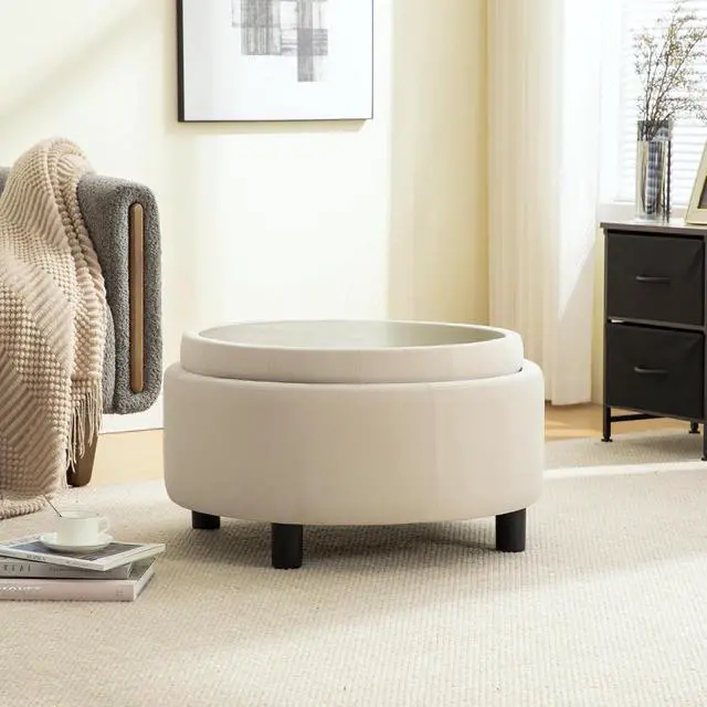 Alt view image 5 of 7 - 29.33" Round Storage Ottoman Table, Upholstered Storage Stool with Reversible Lid, Waterproof Wooden Cover, Comfy Button Tufted Footstool, Sofa Side Table for Living room, Bedroom and Office, Beige