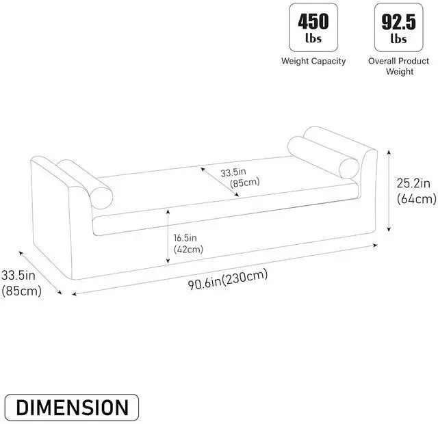 Alt view image 2 of 7 - 88.5" End of Bed Bench with Hidden Foot, Extra Large Couch Ottoman with Armrest, Chenille Upholstered Chaise Lounge with Rolled Pillows, Footstool For Living Room, Entryway, Dormitory, Bedroom, Beige
