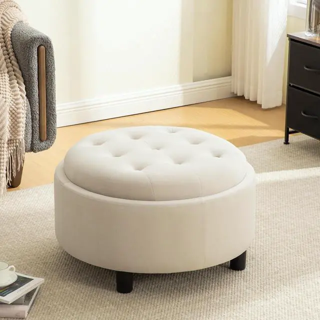 Alt view image 6 of 7 - 29.33" Round Storage Ottoman Table, Upholstered Storage Stool with Reversible Lid, Waterproof Wooden Cover, Comfy Button Tufted Footstool, Sofa Side Table for Living room, Bedroom and Office, Beige