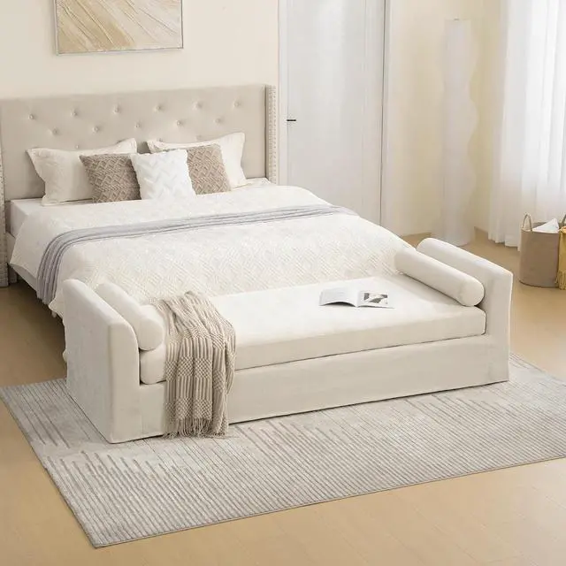 Main image of 88.5" End of Bed Bench with Hidden Foot, Extra Large Couch Ottoman with Armrest, Chenille Upholstered Chaise Lounge with Rolled Pillows, Footstool For Living Room, Entryway, Dormitory, Bedroom, Beige