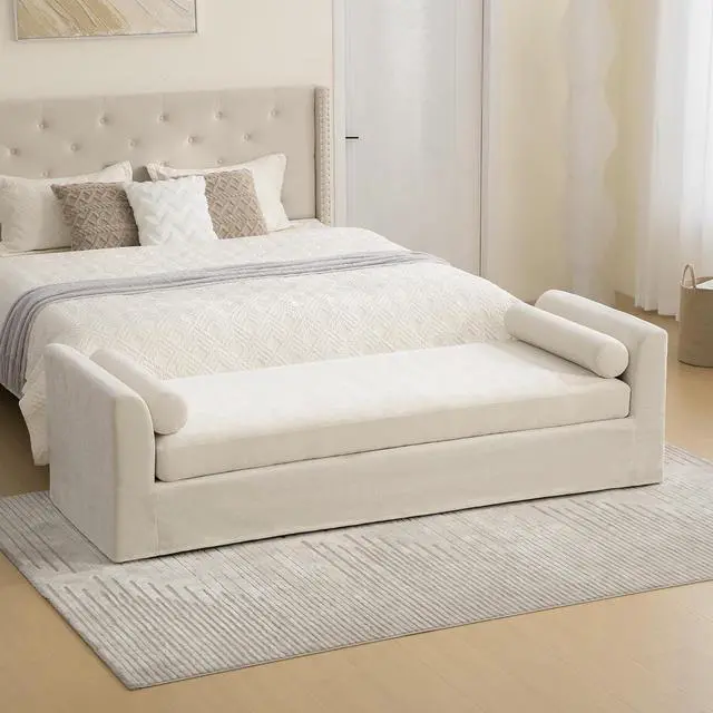 Alt view image 3 of 7 - 88.5" End of Bed Bench with Hidden Foot, Extra Large Couch Ottoman with Armrest, Chenille Upholstered Chaise Lounge with Rolled Pillows, Footstool For Living Room, Entryway, Dormitory, Bedroom, Beige