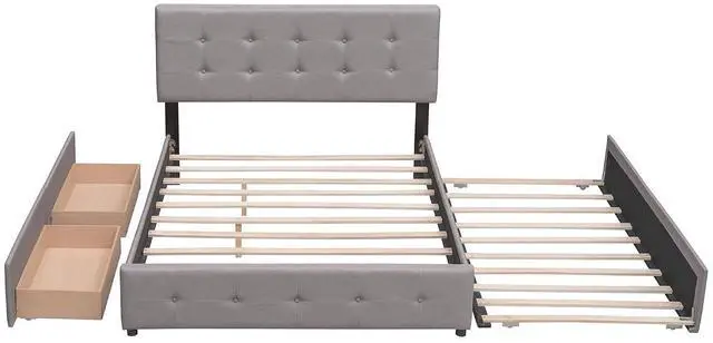 Alt view image 4 of 7 - Queen Size Platform Bed with Twin XL Trundle and 2 Drawers, Linen Upholstered Bed Frame with Solid Wooden Slats, Double Bed with Button Tufted Headboard and Footboard, No Box Spring Needed, Light Gray