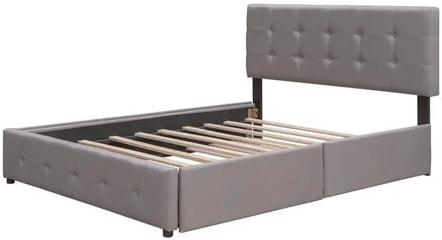Alt view image 5 of 7 - Queen Size Platform Bed with Twin XL Trundle and 2 Drawers, Linen Upholstered Bed Frame with Solid Wooden Slats, Double Bed with Button Tufted Headboard and Footboard, No Box Spring Needed, Light Gray
