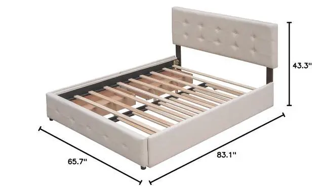 Alt view image 2 of 7 - Queen Size Platform Bed with Twin XL Trundle and 2 Drawers, Linen Upholstered Bed Frame with Solid Wooden Slats, Double Bed with Button Tufted Headboard and Footboard, No Box Spring Needed, Beige
