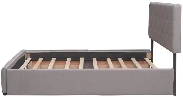 Alt view image 7 of 7 - Queen Size Platform Bed with Twin XL Trundle and 2 Drawers, Linen Upholstered Bed Frame with Solid Wooden Slats, Double Bed with Button Tufted Headboard and Footboard, No Box Spring Needed, Light Gray