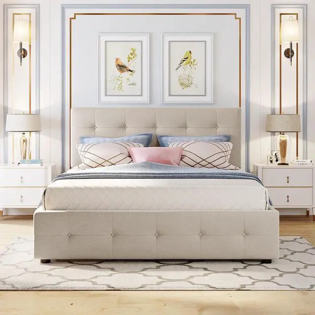 Alt view image 3 of 7 - Queen Size Platform Bed with Twin XL Trundle and 2 Drawers, Linen Upholstered Bed Frame with Solid Wooden Slats, Double Bed with Button Tufted Headboard and Footboard, No Box Spring Needed, Beige