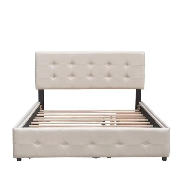 Alt view image 4 of 7 - Queen Size Platform Bed with Twin XL Trundle and 2 Drawers, Linen Upholstered Bed Frame with Solid Wooden Slats, Double Bed with Button Tufted Headboard and Footboard, No Box Spring Needed, Beige